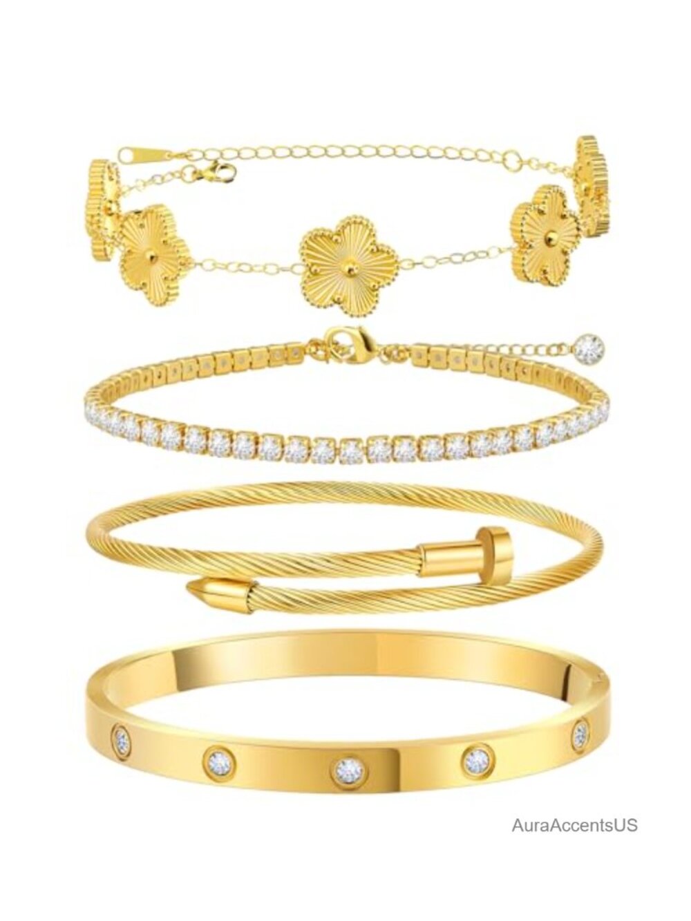 18K Gold Plated Bracelet Set, Stainless Steel Stackable Bangle